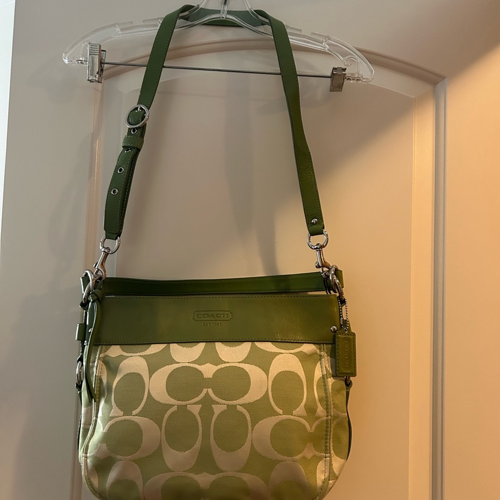 Coach Green Signature Canvas Shoulder Bag with Leather Trim